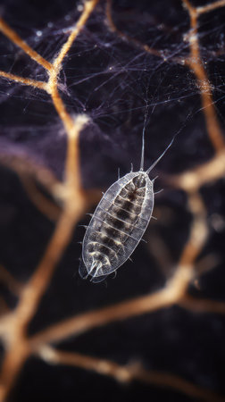 A tiny insect suspended in a spider web showcases fine details and textures against a dark background in a natural habitat.の素材