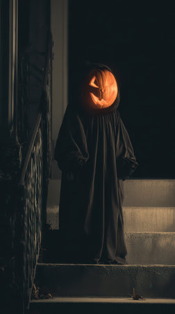 A figure in a dark cloak stands on steps featuring a jack o lantern for a head. Shadows and night create an eerie Halloween atmosphere.の素材