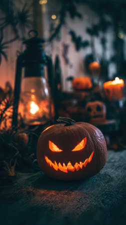 A carved pumpkin with fierce features sits on a wooden table illuminated by candlelight.の素材