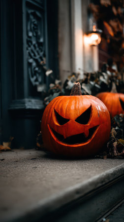 Two carved pumpkins sit on a porch step showcasing spooky faces with flickering lights in the background as dusk settles.の素材