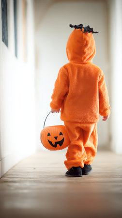 A young child dressed in an orange Halloween costume walks down a calm hallway carrying a pumpkin shaped treat basket.の素材