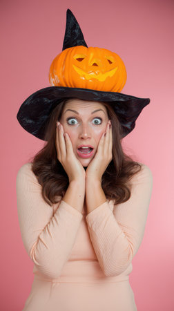 A surprised woman poses against a pink background wearing a witch hat topped with a pumpkin while showing an expression of shock.の素材