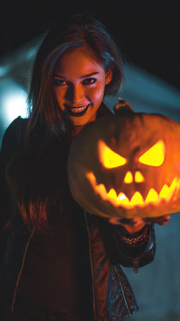 Young woman smiles while holding a glowing carved pumpkin during a night celebration showcasing Halloween spirit and creativity.の素材