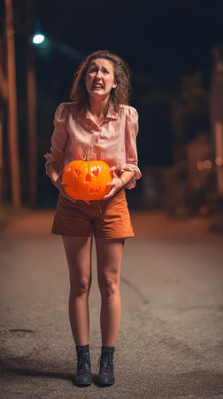 A woman stands in a dimly lit alley holding a carved pumpkin and expressing distress amid a nighttime setting with minimal lighting.の素材
