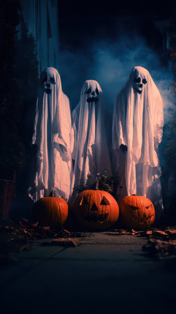 Three spectral figures dressed in white sheets stand among carved pumpkins creating a haunting Halloween atmosphere in the dim light.の素材