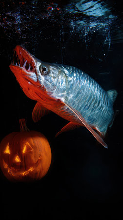 A fish swims near a glowing jack o lantern in dark water creating an eerie atmosphere during a Halloween inspired moment.の素材