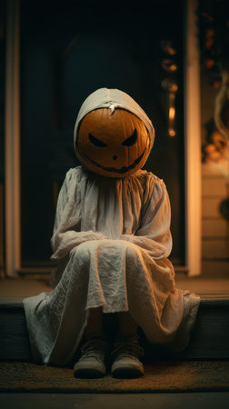 A child in a white dress and pumpkin head sits quietly on a porch step during the evening hours illuminated by soft light.の素材
