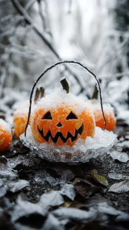 A bright jack o lantern with a mischievous grin sits on a frosty surface surrounded by icy terrain and a few other pumpkins nearby.の素材