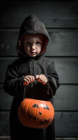 A child dressed in a black costume stands with a small orange pumpkin basket. The atmosphere suggests a festive Halloween celebration.の素材