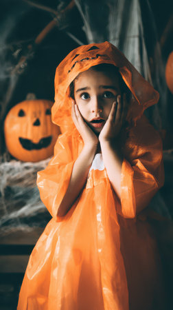 A child wearing an orange raincoat looks surprised while standing near carved pumpkins and spooky decorations at a Halloween celebration.の素材