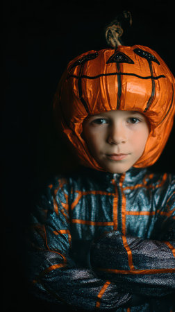 A child dressed in a shiny orange pumpkin head costume stands confidently showcasing Halloween spirit with expressive features.の素材