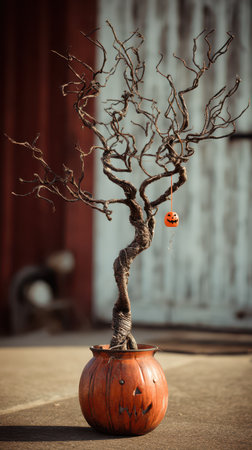 A twisted tree with bare branches is placed in a carved pumpkin pot featuring a small orange Halloween ornament hanging from its limbs.の素材