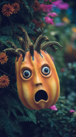A vibrant pumpkin featuring an expressive face hangs among colorful flowers in a garden creating a whimsical atmosphere.の素材