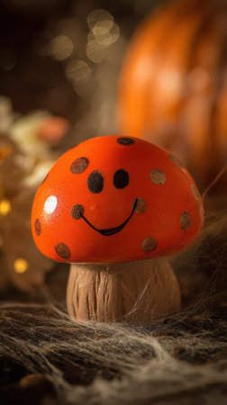 A cheerful orange mushroom figure adorned with black dots smiles brightly among autumn decorations. Perfect for seasonal display.の素材