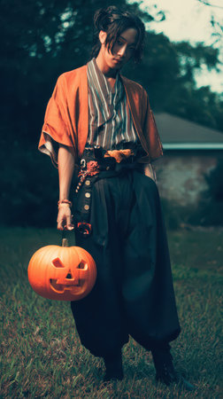 In a grassy outdoor area a young person in traditional inspired clothing holds a bright orange pumpkin with a carved face ready for festivities.の素材