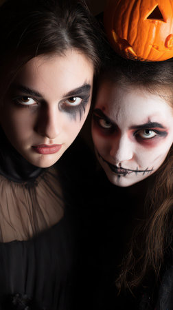 Two friends pose together wearing elaborate Halloween costumes and makeup. One has a pumpkin hat while the other has striking dark makeup.の素材