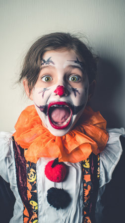 A young child with colorful face paint and a bright orange collar joyfully celebrates Halloween while striking a fun pose.の素材