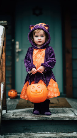 A child stands on a porch dressed in a bat costume holding a pumpkin bucket as Halloween decorations surround them. The setting is festive.の素材