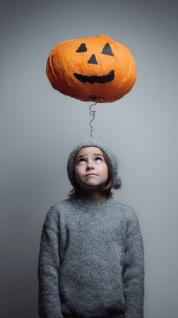 A child wearing a knitted hat looks up at a floating orange pumpkin decoration with a mischievous face. The setting is simple and focused.の素材