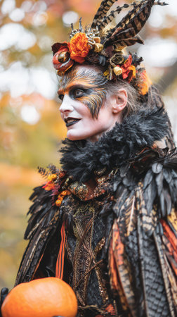 A person showcases an elaborate costume with feathers and floral accents celebrating autumn amidst colorful foliage and a festive atmosphere.の素材