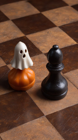 A ghost shaped piece stands on a pumpkin against a black pawn on a chessboard capturing Halloween spirit in an unexpected game scenario.の素材