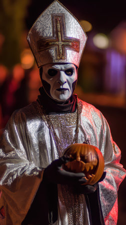 A figure dressed in a white robe and ornate hat holds a carved pumpkin during a Halloween event at night surrounded by colorful lights.の素材