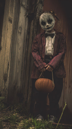 A child in a creepy mask and striped suit stands near a wooden wall holding a small pumpkin basket. The atmosphere is eerie and festive.の素材