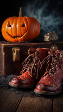 A pair of vintage red boots sits in front of a carved pumpkin creating a Halloween atmosphere with smoke and an antique chest nearby.の素材