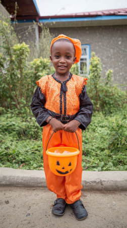 A cheerful child dressed in an orange and black costume holds a Halloween bucket smiling joyfully among green plants on a sunny day.の素材