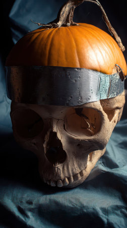 A skull rests on a dark blue fabric topped with a pumpkin secured by silver tape creating a unique Halloween decoration.の素材