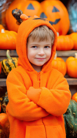 A young child smiles while wearing an orange hoodie surrounded by various pumpkins during a harvest season at a farm.の素材