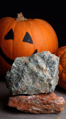 A cheerful Halloween setting features smiling pumpkins and unique rocks stacked together capturing the essence of autumn festivities.の素材