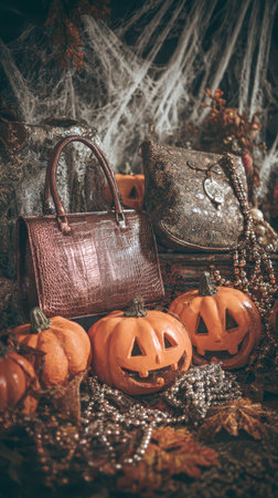 Handbags placed alongside carved pumpkins and autumn decorations create a festive atmosphere for Halloween celebrations while showcasing fashion.の素材