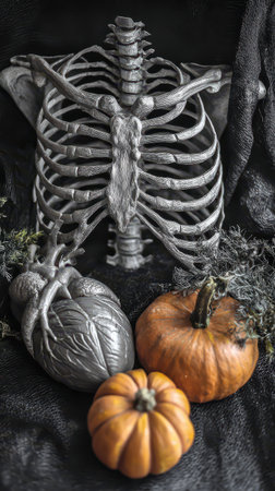 A display featuring a skeletal ribcage heart model and pumpkins arranged on a dark background for an artistic effect.の素材