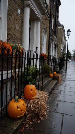 Jack o lanterns and autumn flowers adorn steps along a wet reflective street. Straw bales add a festive touch to the fall setting.の素材