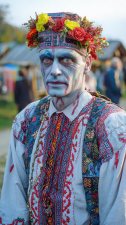 A performer in a traditional folk costume stands amidst a vibrant festival showcasing cultural heritage with vivid colors and intricate details.の素材