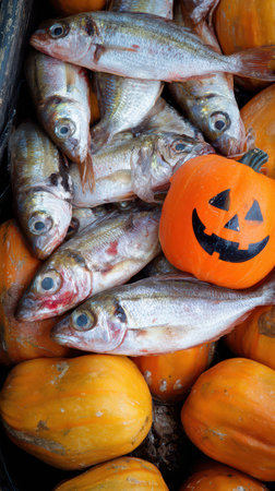Freshly caught fish piled with vibrant orange pumpkins featuring a carved face creating a festive autumnal look at a local market.の素材