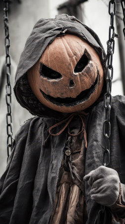 A menacing pumpkin character in dark clothing swings on a chain from an eerie structure on Halloween night creating a spooky atmosphere.の素材