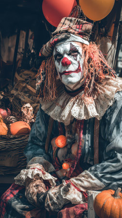A clown with vibrant makeup and a tattered costume sits surrounded by pumpkins at an autumn fair creating a whimsical yet eerie atmosphere.の素材