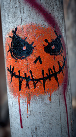 Bright orange graffiti featuring a spooky face with sharp black lines decorated on a concrete pole in an urban setting during daylight.の素材