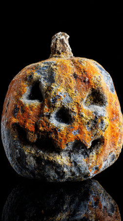 A stone resembling a pumpkin features weathered textures and a smiling face. It showcases natural patterns and colors emphasizing its uniqueness.の素材
