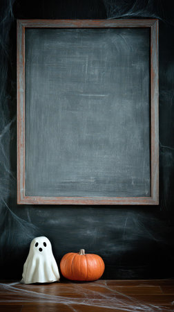 A chalkboard sits in a dark room accompanied by a ghost figurine and a pumpkin creating a spooky Halloween atmosphere.の素材