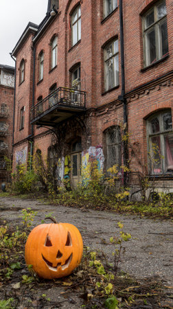 A carved pumpkin sits on the ground in front of a historic brick building surrounded by overgrown weeds and fallen leaves during autumn.の素材