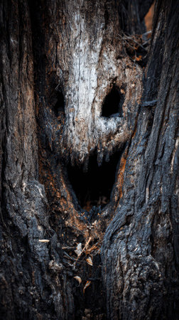 A striking tree bark structure features a face like pattern formed by hollowed openings. The dark textured wood emphasizes natural artistry.の素材