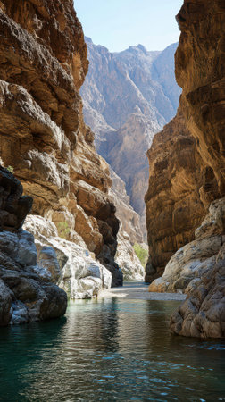 A tranquil river meanders through a narrow canyon with towering rock walls reflecting sunlight as they rise majestically.の素材