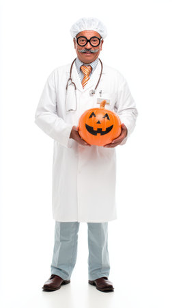 A doctor in a white coat and glasses holds an orange pumpkin with a jack o lantern face celebrating Halloween with a playful spirit.の素材