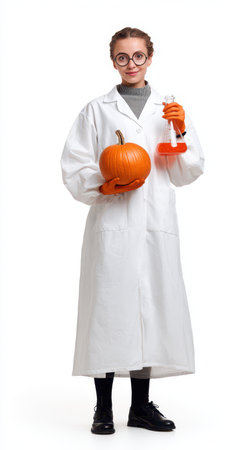 A young scientist in a lab coat holds a pumpkin and a test tube ready for an experiment with an enthusiastic expression.の素材