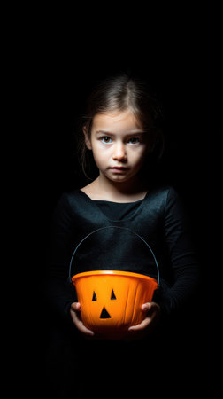 A young girl wearing a black costume stands still holding an orange pumpkin bucket with a serious expression in a dark setting.の素材