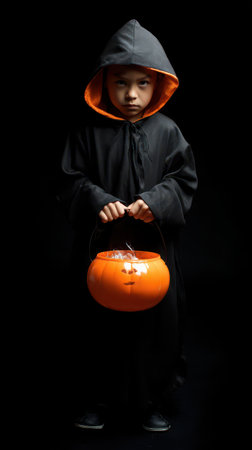 A child dressed in a black cloak with an orange hood stands in darkness holding a pumpkin shaped candy bucket preparing for Halloween.の素材