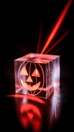 A carved pumpkin design glows within a clear cube creating a spooky ambiance with red light reflecting around the surfaces.の素材